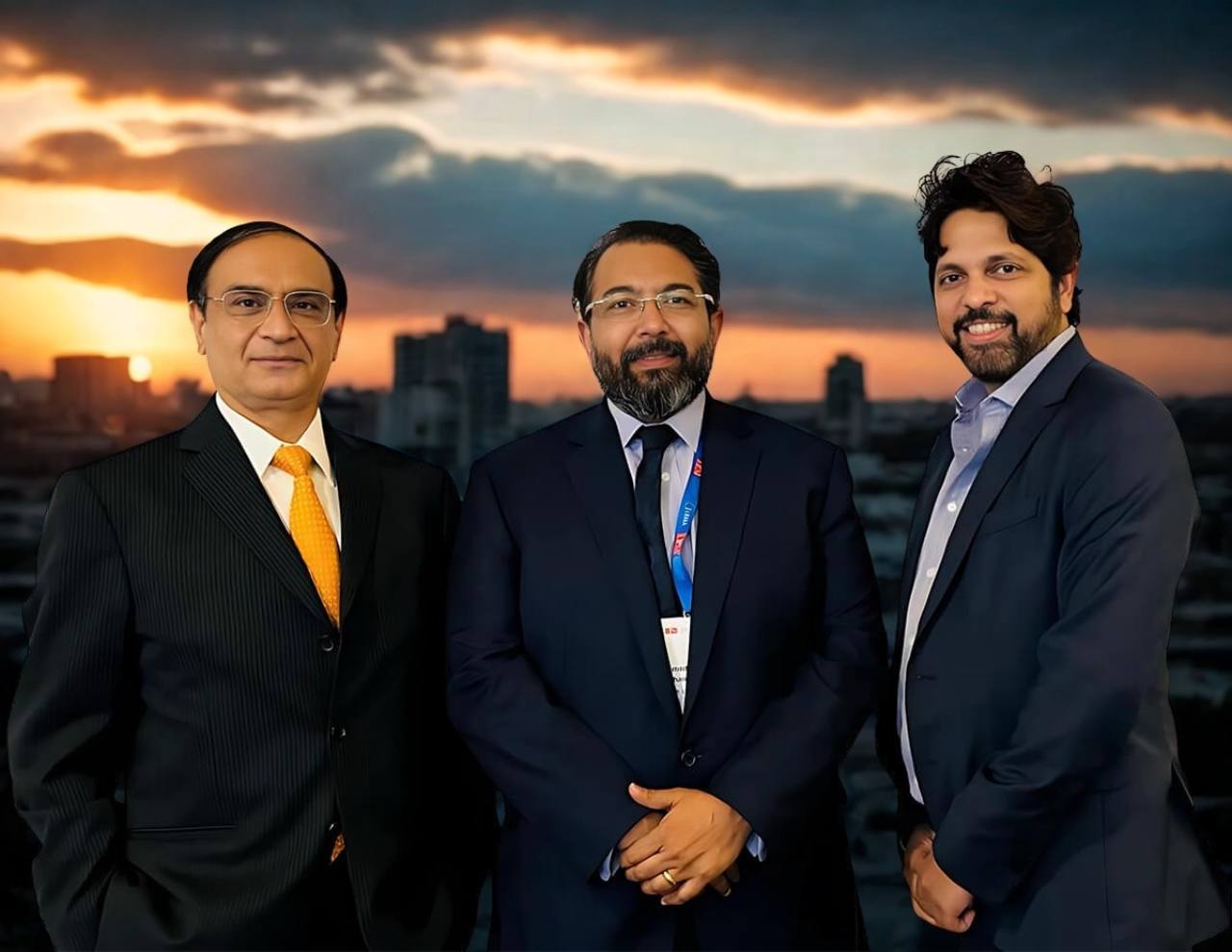 Three FinMet leaders together against a city skyline at sunset